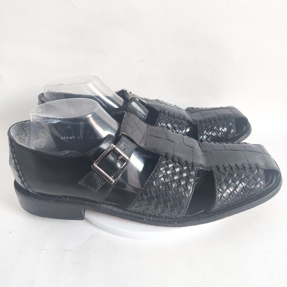 Stacy Adams Other - Stacy Adams Black Woven Leather Fisherman Sandals Size 12 Huarache Silver Buckle